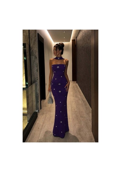 DefyModa Kadın Trend Model Simli Kumaş Dik Yaka Taş Detaylı Abiye Elbise Mor