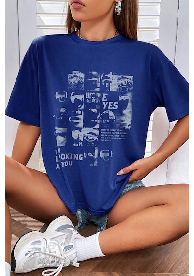 Uyguntarz Unisex Looking Baskılı Oversize Tshirt Mavi
