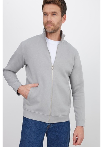 Tudors Unisex Relax Fit Rahat Kesim Pamuklu 3 İplik İçi Polarlı Fermuarlı Cepli Gri Sweatshirt Hırka-41680 Gri