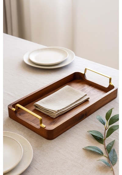 Ahşap Servis Tepsisi Altın Renk Metal Kulplu Dikdörtgen Çay Ve Kahve Sunum Tepsisi 48x18x5.8 Cm Kahverengi