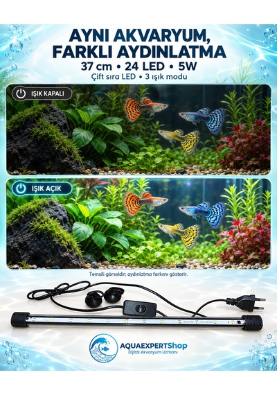Akvaryum Işığı - Balık Işığı - Bitki Işığı - 37 Cm - 24 Led - Tamamen Su İçinde Kullanılabilir - 3 Modlu - 5w - Mükemmel Işık