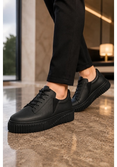 Mevese Dlob Erkek Bağcıklı Cilt Günlük Casual Spor Sneaker Ayakkabı - Siyah