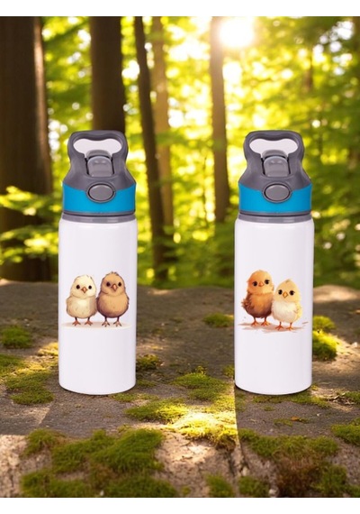 Civciv Baskılı 2'li Pipetli Matara Suluk 650 Ml Beyaz