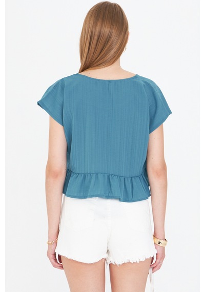 Armonika Kadın Petrol Yarasa Kol Yakası Bağlamalı Eteği Fırfırlı Oversize Crop Bluz Arm-24y001088