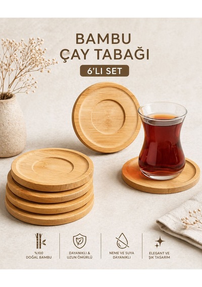 Bambu 6 Adet Yuvarlak Çay Bardağı Tabağı