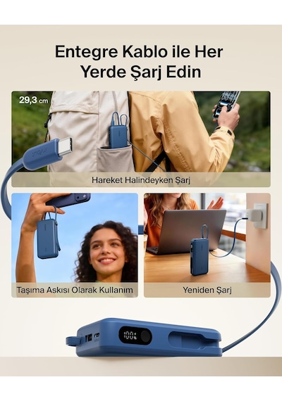 Ultracharge 10000 Mah Usb-c Kablolu Ve Ekranlı Power Bank, Mavi