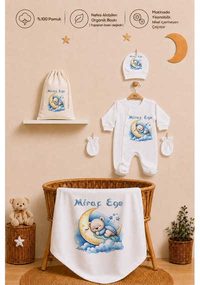Pia Baby İsme Özel %100 Pamuk Erkek Bebek Yastık Battaniyeli Tulum Set Kese Hediyeli 1089tybk0x Krem