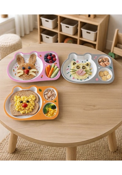 3'lü Set 3 Farklı Model Melamin Çocuk Yemek Tabağı Seti - 3 Bölmeli Kırılmaz Bebek Beslenme Tepsisi Blw Tabağı Çok Renkli