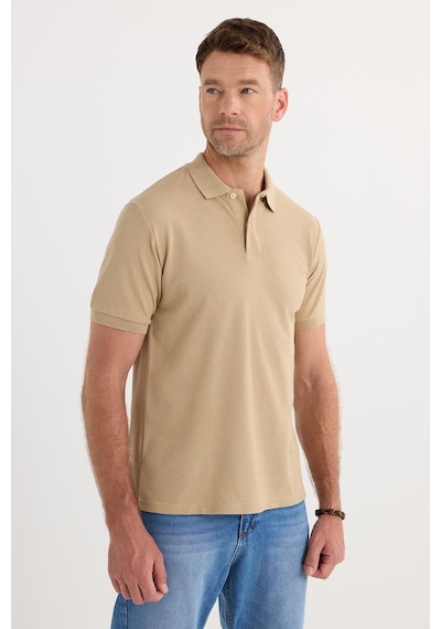 Tudors Erkek Slim Fit Dar Kesim Pamuklu Yumuşak Dokulu Serin Tutan Kumaş Düz Pike Bej Polo Yaka Tişört-33712 Bej