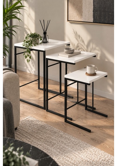 Sulorahome 3'lü Beyaz Zigon Sehpa Seti Metal Ayaklı Kare Tasarım