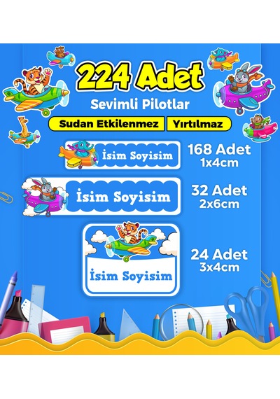 Sevimli Pilot Temalı Okul Kreş Kişiye Özel İsim Etiket Seti - Model 335 Çok Renkli