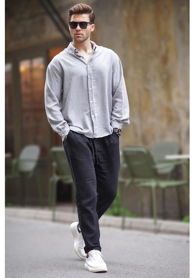 Madmext Gri Uzun Kollu Oversize Erkek Gömlek 6735 Gri