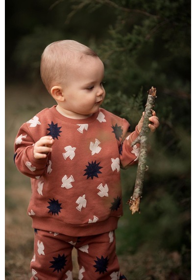 Antebies Organik Gots Sertifikalı Gün Batımı Kuş & Güneş Desenli, Uzun Kollu, Ribanalı Sweatshirt, Bel Lastikli Bağcıklı Pantolonlu Bebek Takımı Turuncu