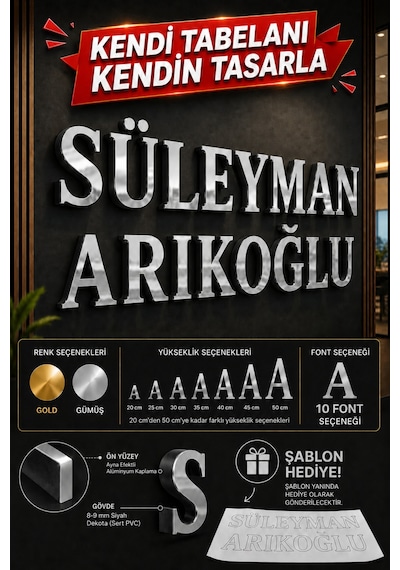 Alucor Kişiye Özel Aynalı Harf Tabela Gold / Gümüş Alucor Harf 20-50 Cm Hazır Şablonlu Kolay Montaj Ofis, İş Yeri Ve Kapı Tabelası Gümüş
