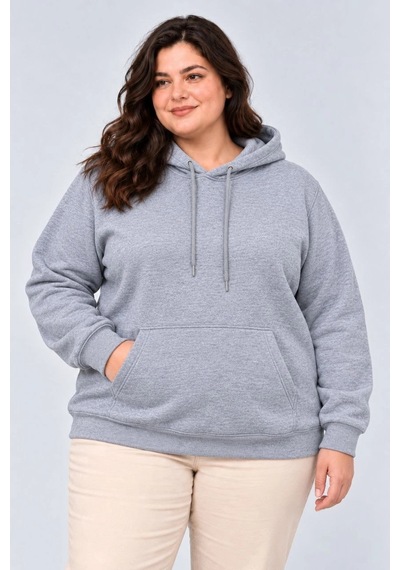 Moda Kadın Battal Büyük Beden Üç İplik İçi Şardonlu Kapüşonlu Kanguru Cepli Kışlık Sweatshirt - Gri Çok Renkli