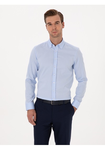 Cacharel Açık Mavi Slim Fit %100 Pamuk Yakası Düğmeli Oxford Gömlek Denım