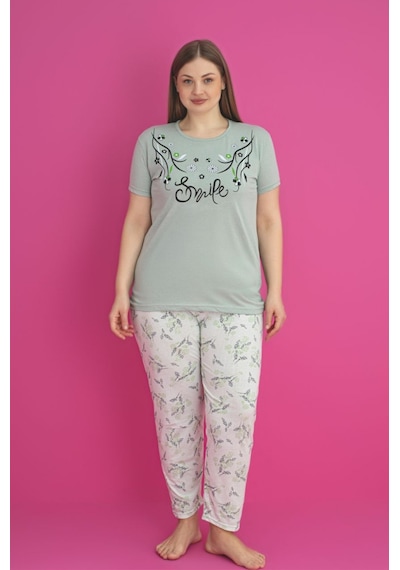 Farya Home X-dreamy Büyük Beden Pamuklu Çiçekli Kısa Kollu Pijama Takımı Yeşil