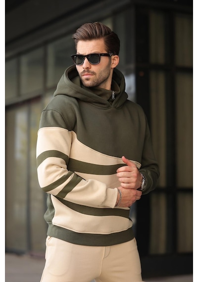 Madmext Haki Kapüşonlu Fermuar Yaka Desenli Erkek Sweatshirt E7162 Haki