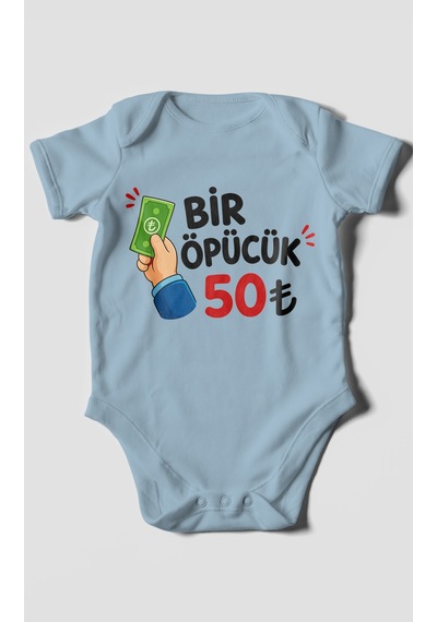 Morivokids Bir Öpücük 50tl Kısa Kollu Bebek Body %100 Pamuk Bebe Mavisi