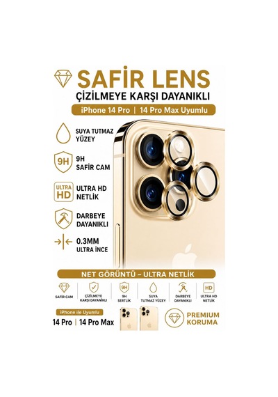 Apple iPhone Uyumlu  14 Pro / 14 Promax Altın Metal Kamera Lens Koruyucu Safir Cam Ultra Net Hd