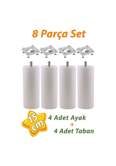 4 Adet Destek Ayağı 15 Cm Beyaz Ve 4 Adet Düz Ayak Tabanı M8 Civatalı İnce Diş Mobilya Kanepe Baza S