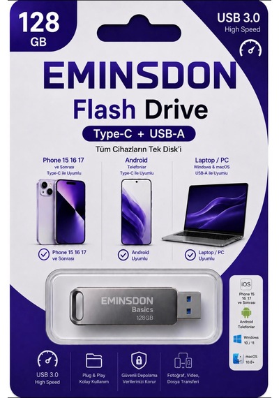128gb Flash Bellek Android Iphone15 Ve Sonrası Type-c Telefon Bilgisayar Tablet Uyumlu Usb3.0 Usb & Type-c