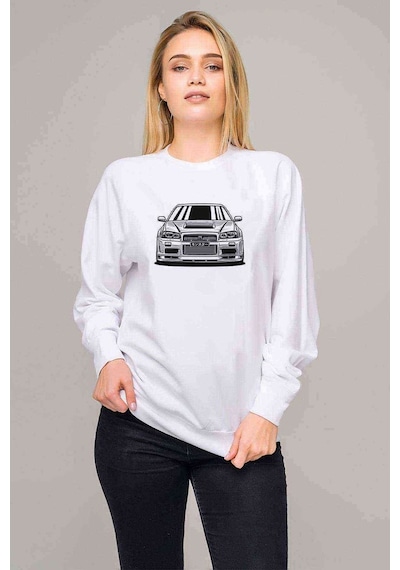 Nissan Skyline R34 Gtr Baskılı Beyaz Kadın Sweatshirt