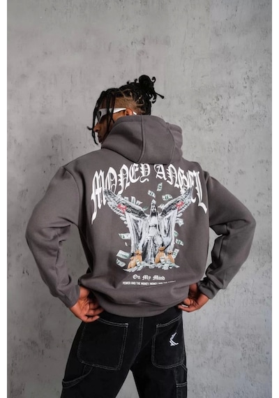 Erkek Kordon İpli Baskılı Kapüşonlu Sweatshirt - Füme Füme