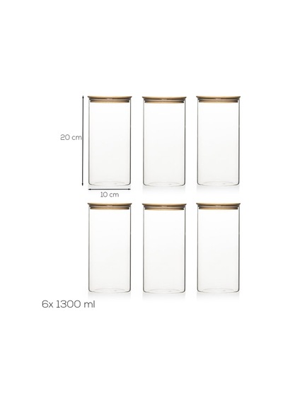 Tr 2-3 Bambu Vakumlu Kapaklı Yuvarlak Borosilikat Cam 6lı Kavanoz Seti Saklama Kabı 1300ml 10x20cm Genel