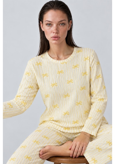 Kadın Çizgili Rahat Desenli İkili Sarı Pijama Takımı 4797