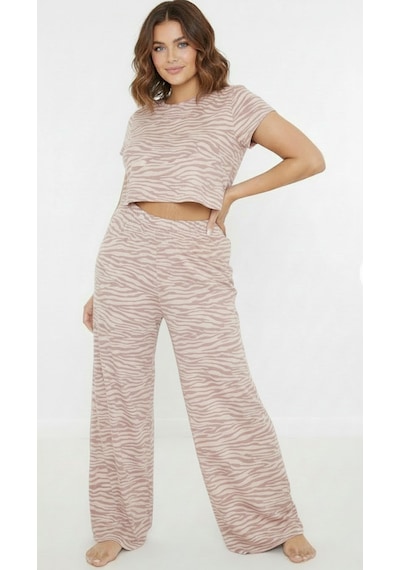 Merlot Büyük Beden Pembe Zebra Desenli Pijama Takımı Pembe