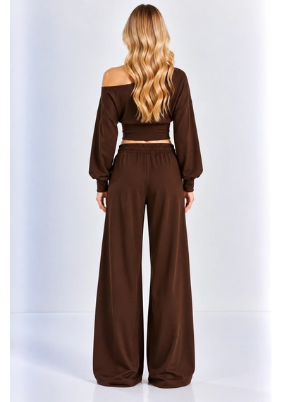 Mevese Kayık Yaka Korseli Crop Bluz - Cep Detaylı Palazzo Modal Takım - Acı Kahve Kahverengi Mevese Kayık Yaka Korseli Crop Bluz - Cep Detaylı Palazzo Modal Takım - Acı Kahve Kahverengi