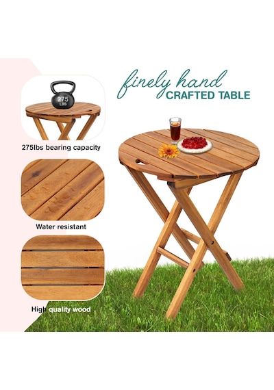 60x50x40 Cm Ahşap Katlanır Yuvarlak Kamp Masası Piknik, Bahçe Ve Balkon Kolay Taşımalı - Doğal Bambu Rengi Ahşap