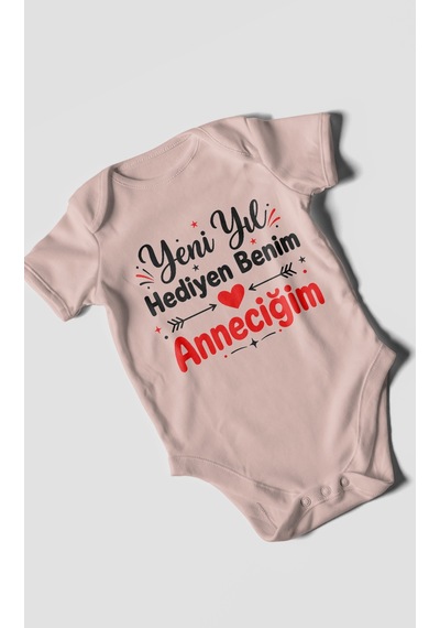 Morivokids Yeni Yıl Hediyen Benim Anneciğim Kısa Kollu Bebek Body %100 Pamuk Pastel Pembe