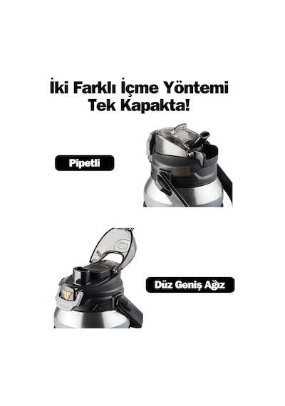 Tkk Büyük Boy 1000ml Pipetli/pipetsiz Kullanım Askılı Paslanmaz Çelik Termos Matara Siyah Çok Renkli