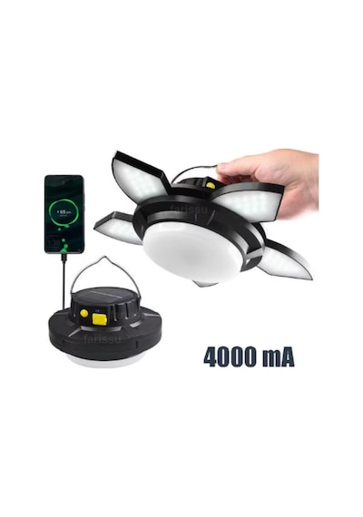 Güneş Enerjili Katlanabilir Led Kamp Lambası- 4000 Mah Powerbank Özellikli Siyah