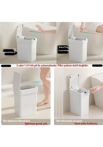 Otomatik Hareket Sensörlü Çöp Kovası, Banyo Çöp Kovası, Çocuk Odası Çöp Sepeti, Çöp Kutusu, 2 Beyaz