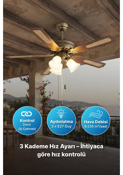 Reyo Lodos Ahşap 132cm İpli Bakır Motor 3 Lambalı Tavan Vantilatörü Ahşap