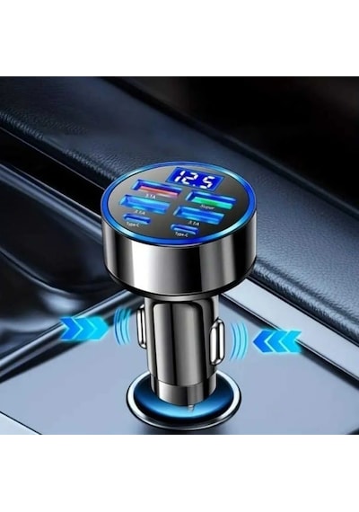 Dijital Ekranlı 6 Çıkışlı Süper Hızlı Araç Içi Şarj Aleti Başlığı Süper Hızlı Şarj Mevcuttur Usb + Type-c
