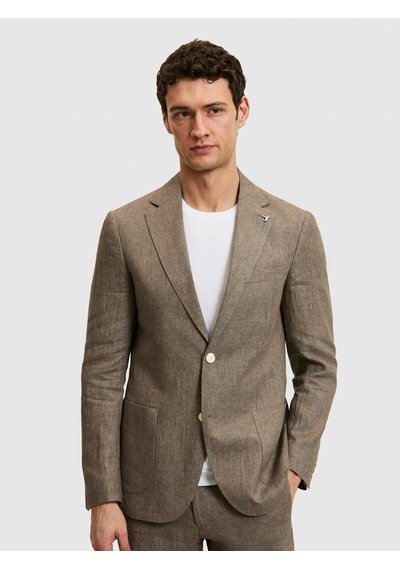 Cacharel Kahverengi Slim Fit %100 Keten Mikro Desen Mono Yaka Ceket Hardal