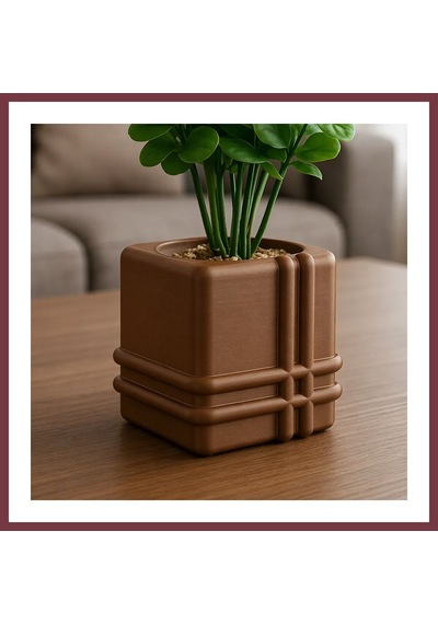 Storeşahin 3d Baskı Square Planter - Izgara Desenli Küp Saksı-kahverengi Shn0720