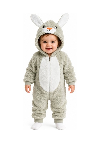 Tatlı Tavşan Desenli Welsoft Bebek Tulumu Kapüşonlu Peluş Fermuarlı Kışlık Unisex Bebek Tulumu Yeşil