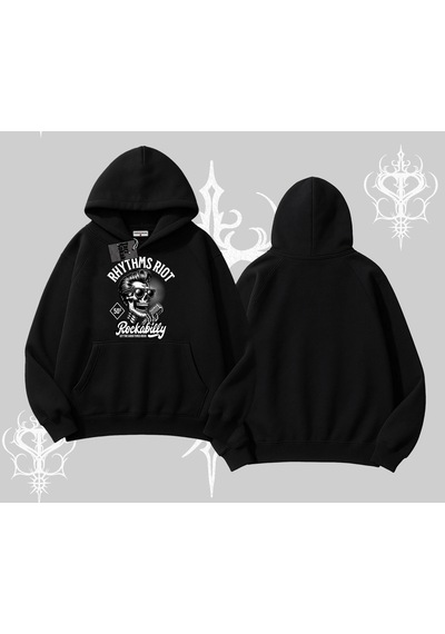 Startmore Kapşonlu Sweatshirt Rhythms Riot Vintage Rockabilly Skull Street Aesthetic Siyah