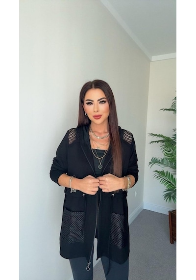 Kadın Uzun Kollu Önü Fermuarlı File Detaylı Belden Bağcıklı Kısa Modal Ceket Siyah