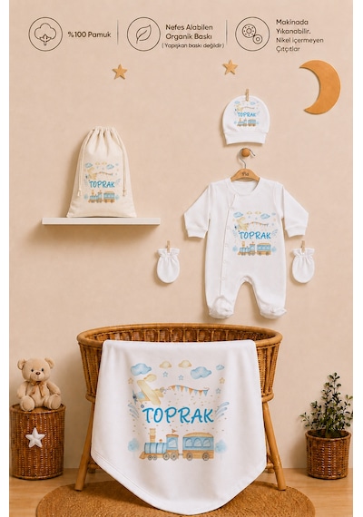 Pia Baby İsme Özel Hastane Çıkışı %100 Pamuk Erkek Bebek Organik Baskılı Tulum Set Keseli Hediyelik 2096tybkyx Krem