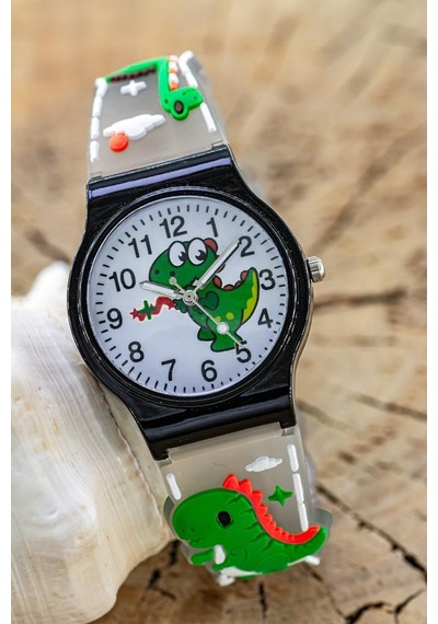 Erkek Çocuk Dinozor Figürlü Füme Analog Silikon Kordon Kol Saati St-304439 Beyaz