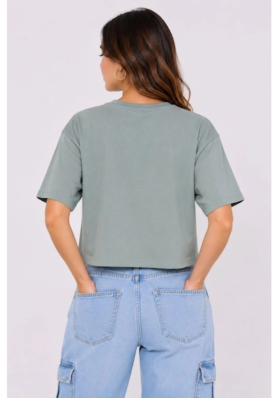 Primemagazam Kadın Kedi Baskılı Oversize Crop Tişört Salaş Basic Yarım Kol T-shirt - Mint Yeşili Çeşitli