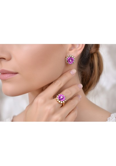 El İşçiliği Pembe Gül Detaylı Vintage Stil Gümüş Ve Bronz Yüzük Küpe Otantik Takı Seti Mod113 Gümüş