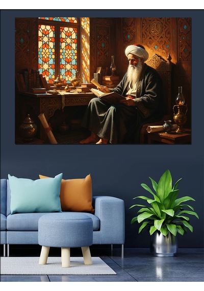Ahşap Tablo Kitap Okuyan Bilge İslam Alimi