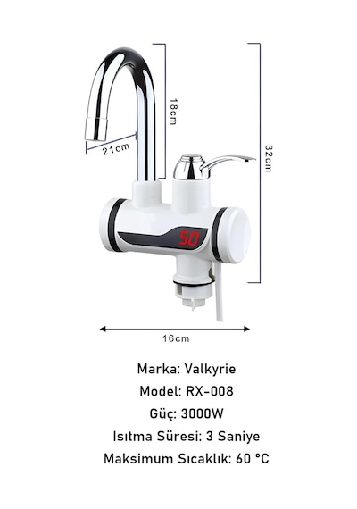 Valkyrie Ani Su Isıtıcılı Musluk Elektrikli Şofben Musluk Dijital Göstergeli 3000w Gümüş